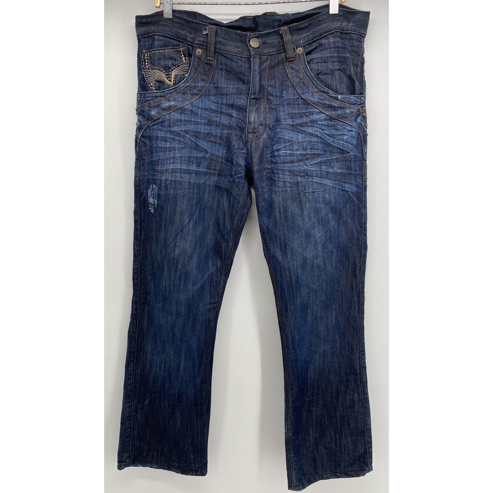 Jordan Craig Jeans Mens Size 36x32 Distressed Dark Wash Bootcut Brown Stitching